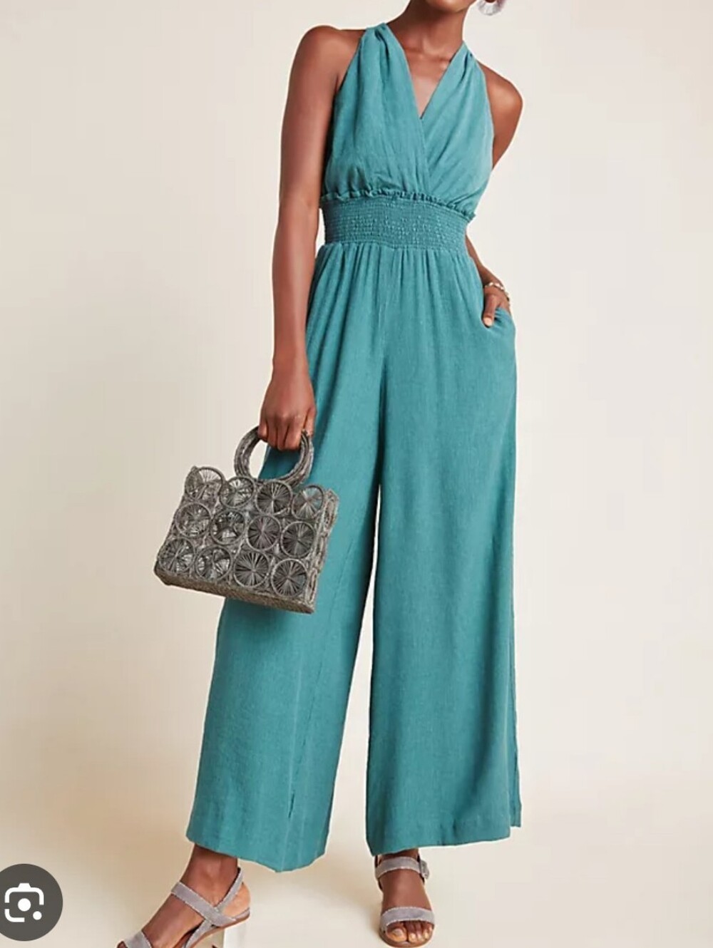 Anthropologie Bionda Plissed Jumpsuit SzXS Dull Green Smocked Waist Wide Leg